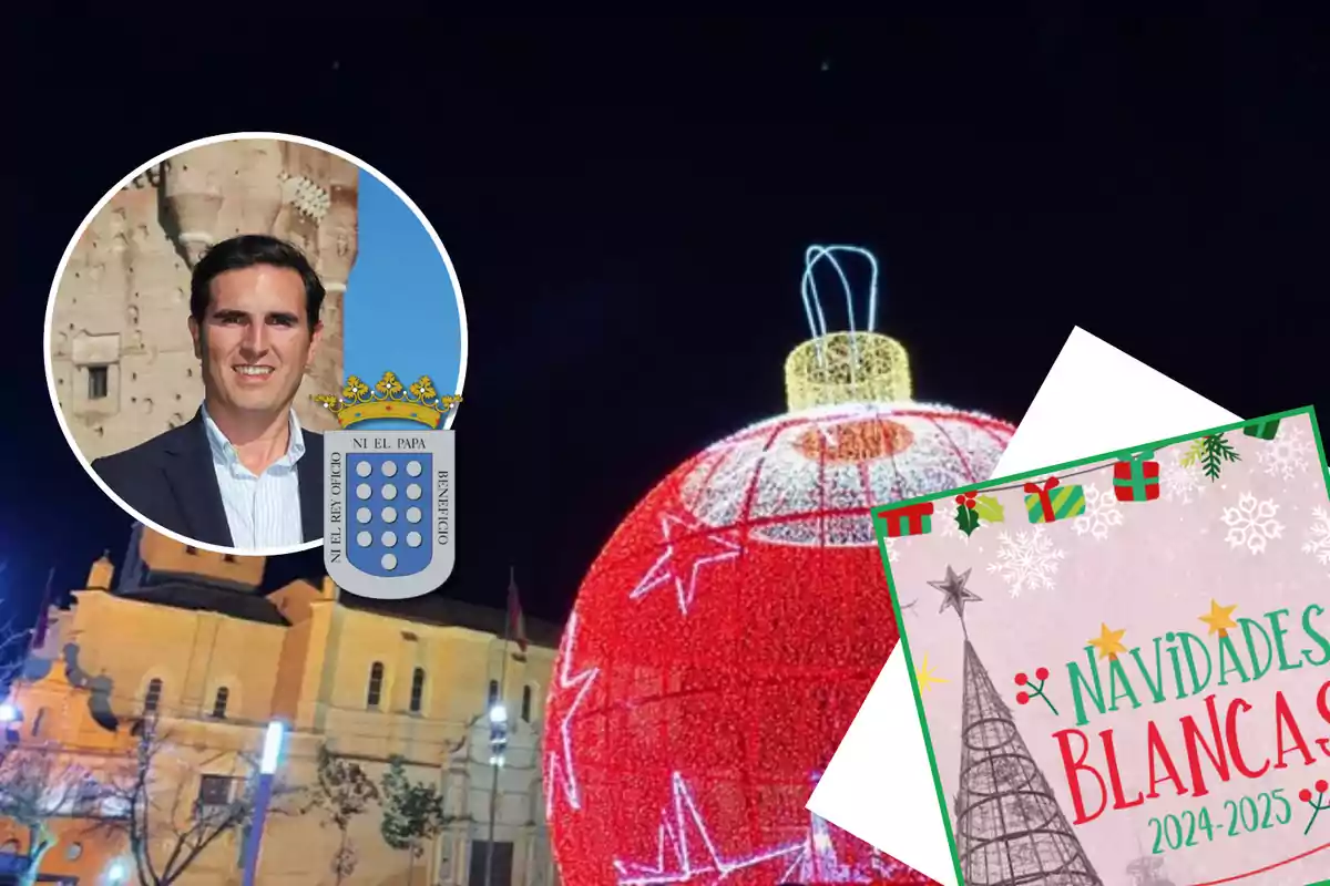 Una gran esfera navideña iluminada en una plaza con un cartel que dice "Navidades Blancas 2024-2025" y un escudo con la imagen de un hombre al fondo.