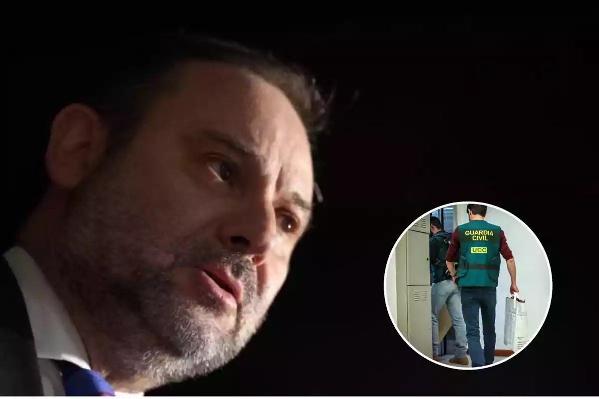 Primer plano de un hombre con barba y expresión seria en un fondo oscuro con una imagen circular insertada que muestra a un agente de la Guardia Civil de espaldas entrando en una habitación.