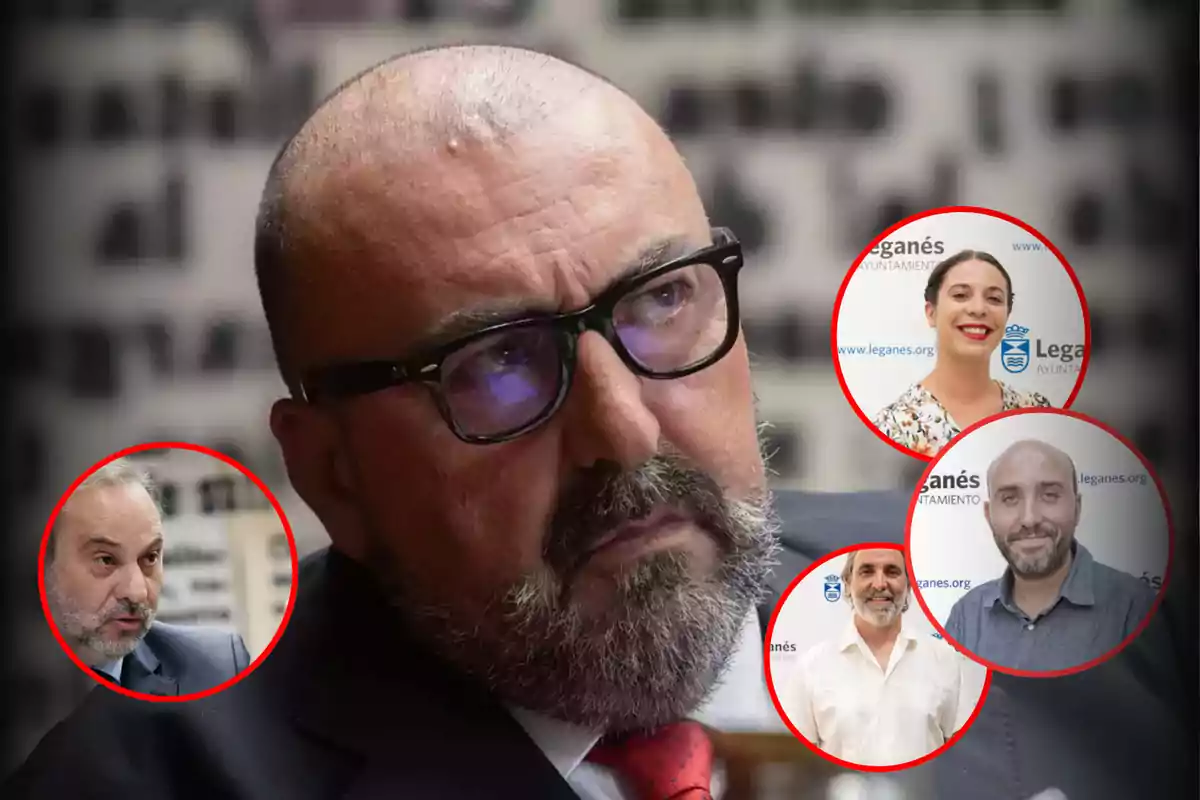 Un hombre con gafas y barba en primer plano con cuatro personas en círculos rojos en el fondo.