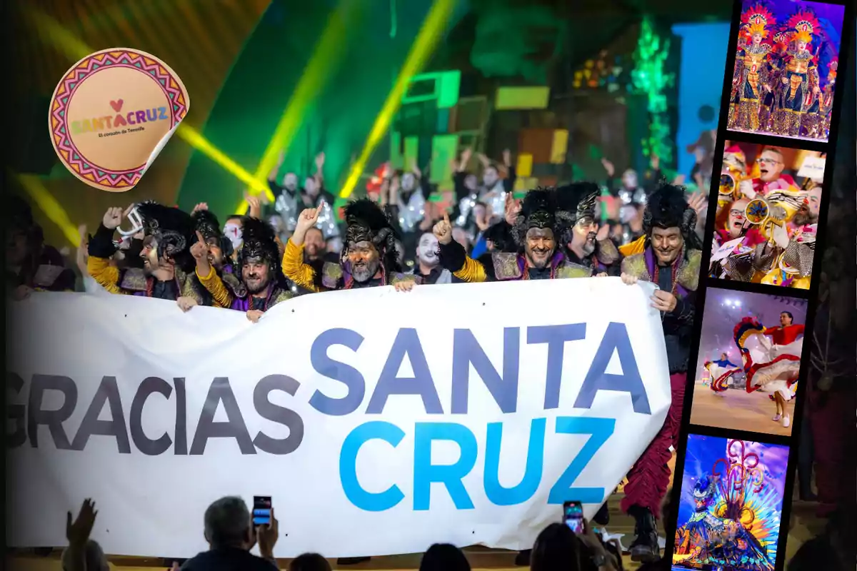 Grupo de personas disfrazadas sosteniendo un cartel que dice "Gracias Santa Cruz" en un evento festivo con luces brillantes y fotos de carnaval al lado.