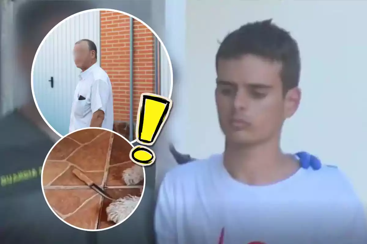 Imagen de un joven escoltado por la policía, con dos recuadros que muestran a un hombre mayor y un cuchillo en el suelo.