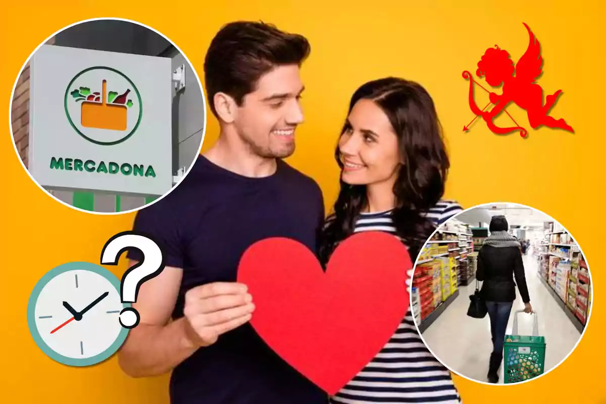 Pareja sosteniendo un corazón rojo con imágenes superpuestas de un supermercado, un reloj con signo de interrogación, una persona comprando y un cupido.