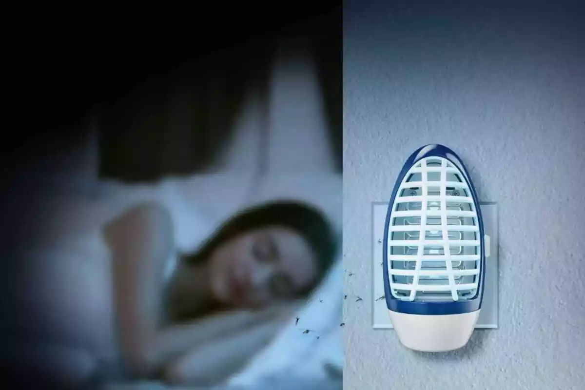 Aparato antimosquitos azul y blanco con rejilla, enchufado a la pared y con forma de huevo en un primer plano a la derecha. A la izquierda, en segundo plano desenfocado, la parte superior de una mujer durmiendo de lado en una cama. Aparato antimosquitos azul y blanco con rejilla, enchufado a la pared y con forma de huevo en un primer plano a la derecha. A la izquierda, en segundo plano desenfocado, la parte superior de una mujer durmiendo de lado en una cama.
