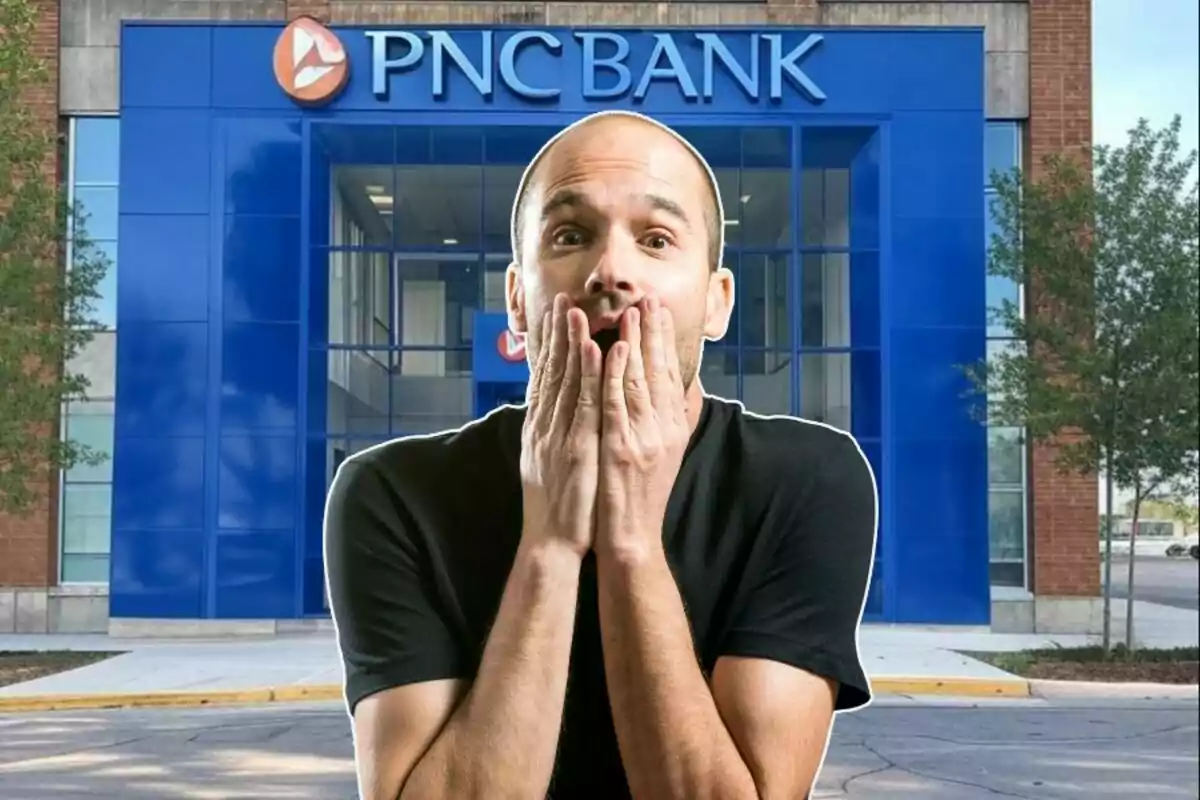 A man with a look of surprise or concern is in front of a PNC Bank building. A man with a look of surprise or concern is in front of a PNC Bank building.