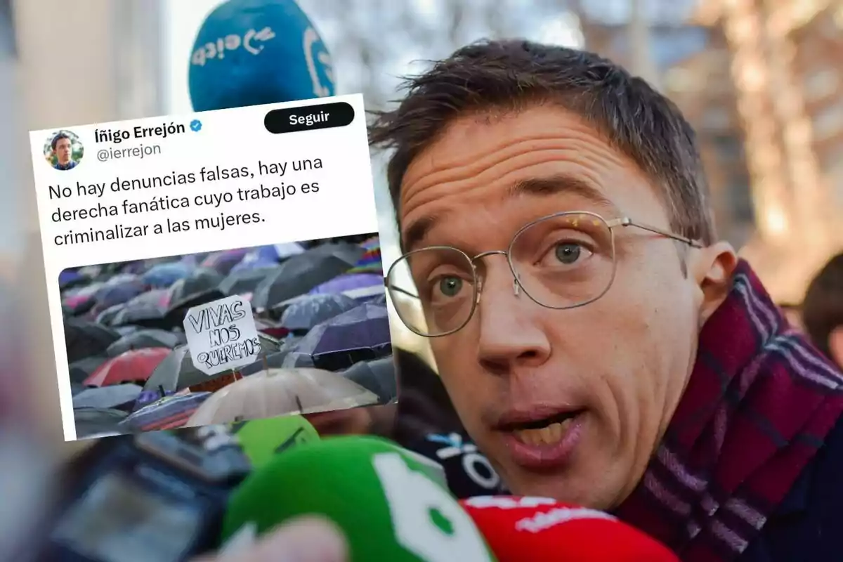 A man wearing glasses and a scarf speaks into several microphones as a tweet about false accusations and an image of a protest with umbrellas and a sign reading "We want to live" are displayed.