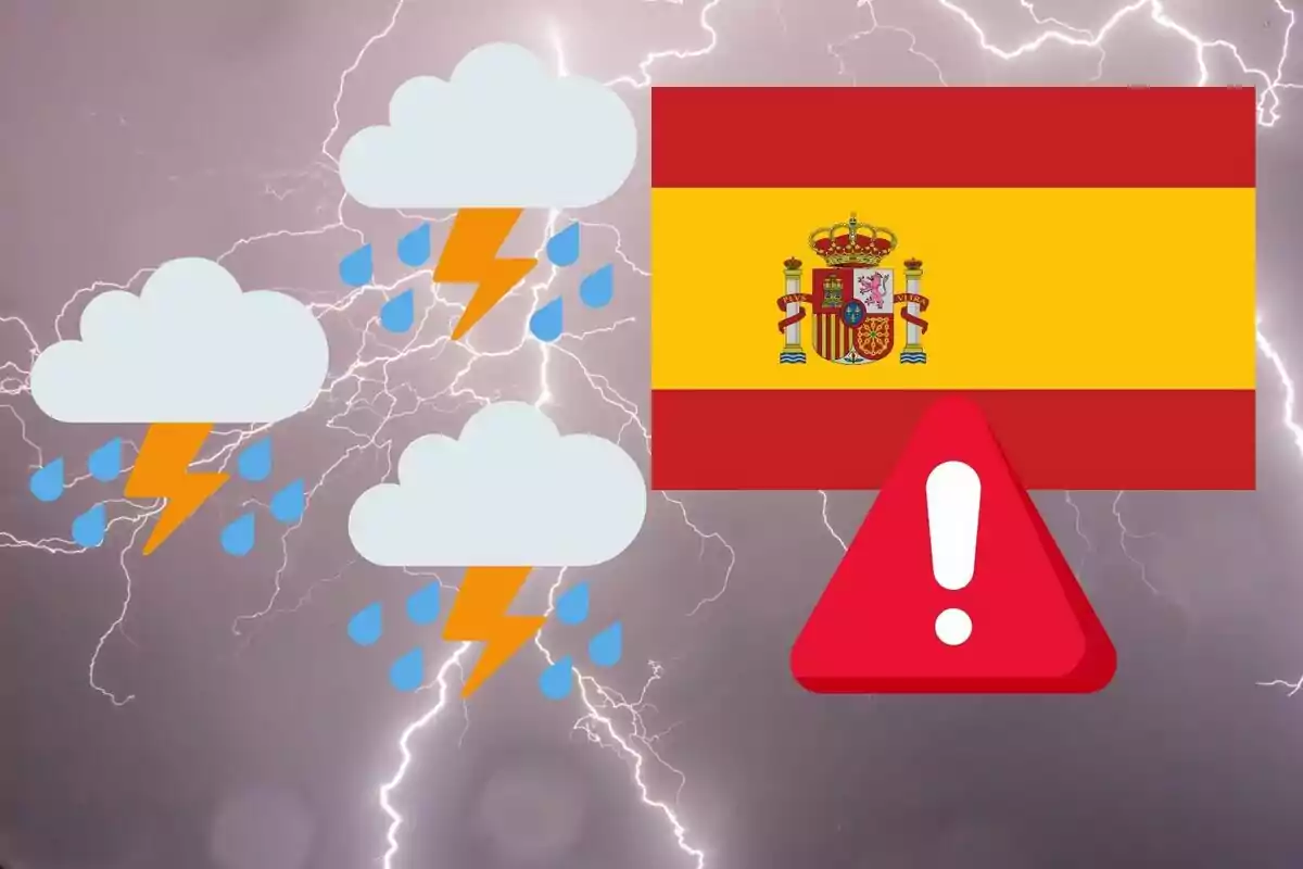 Advertencia de tormenta eléctrica en España con nubes, rayos y gotas de lluvia sobre un fondo de relámpagos.