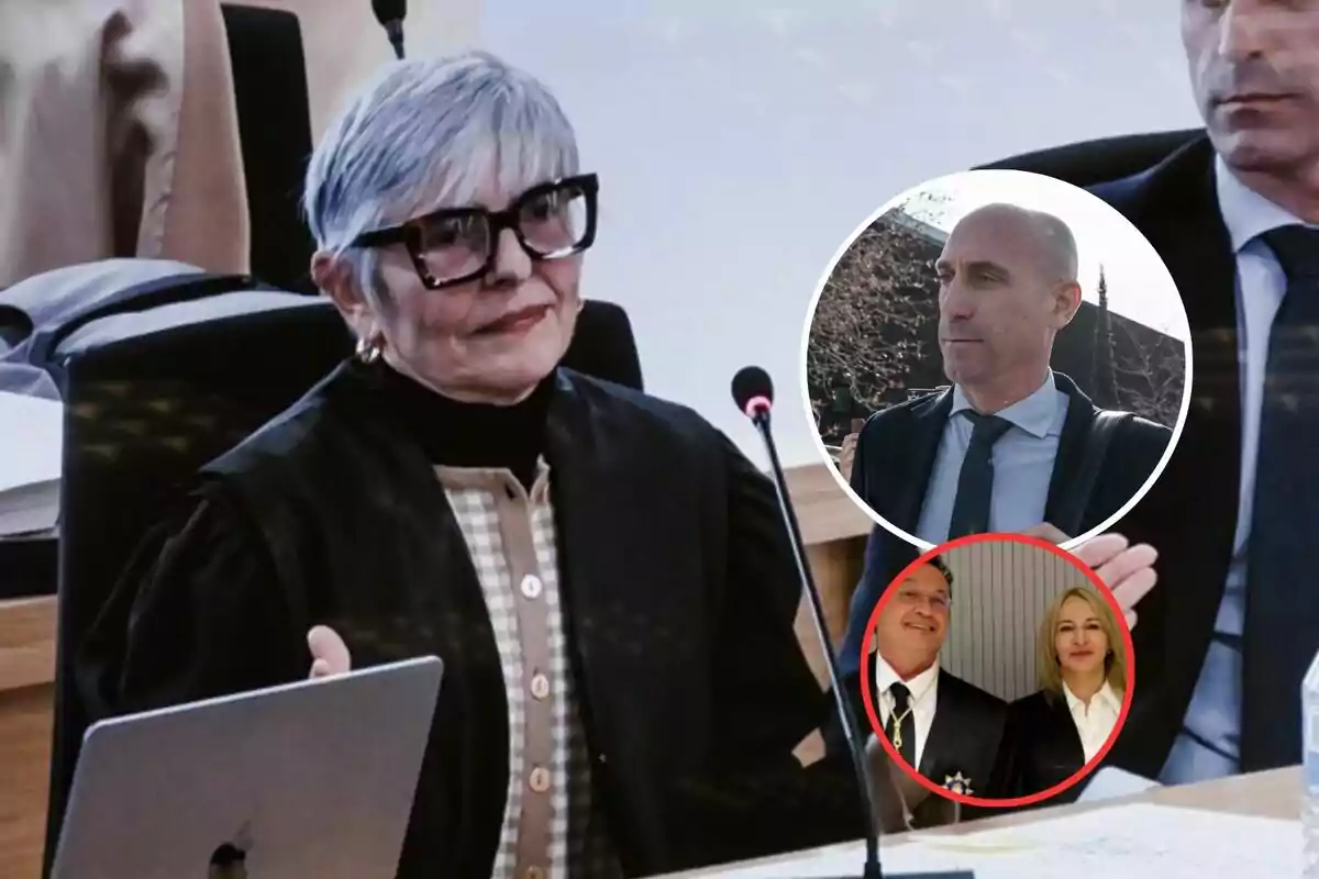 A woman with glasses and gray hair is sitting in a courtroom with a microphone in front of her and a laptop on the table, while two smaller circular images show other people in formal suits.