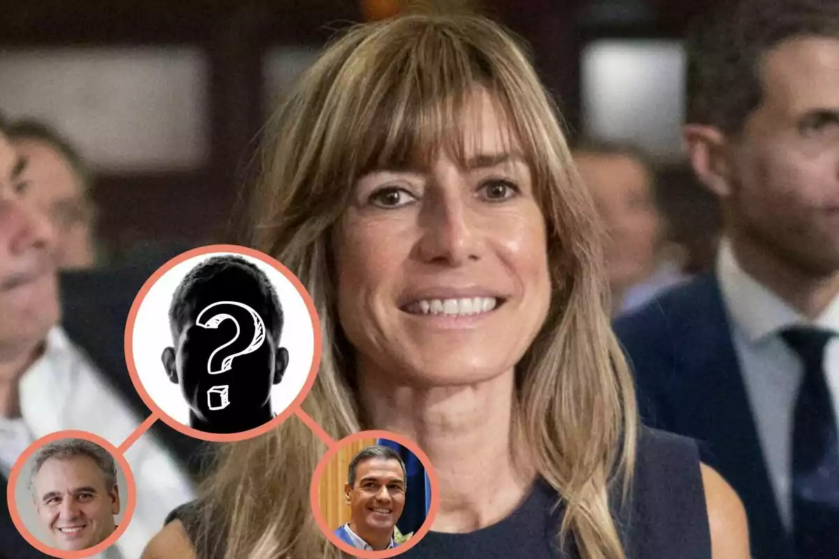 Una mujer sonriente con cabello rubio y flequillo, con un gráfico superpuesto que muestra una silueta con un signo de interrogación y dos fotos de hombres en círculos más pequeños.