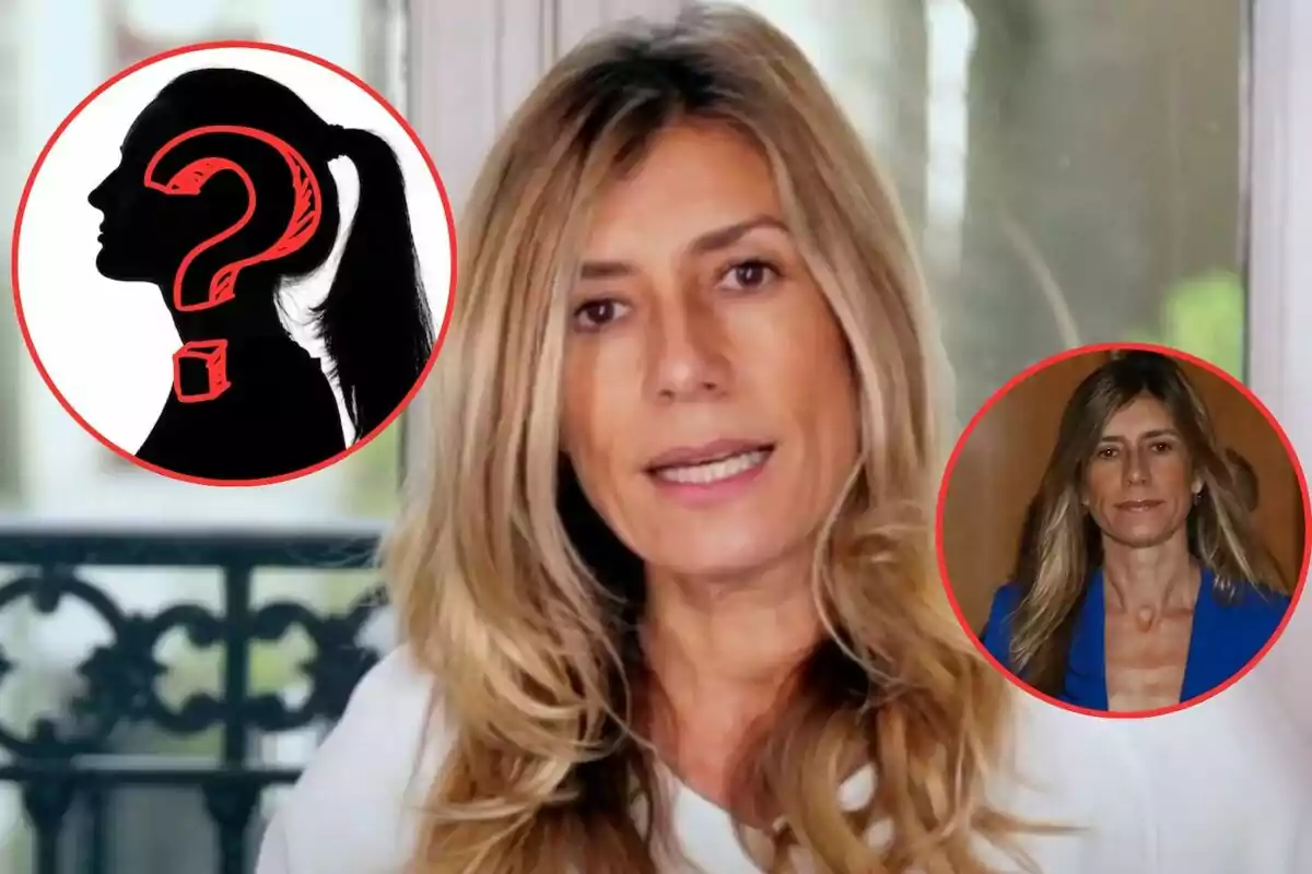 Mujer rubia en primer plano con dos imágenes circulares superpuestas, una de una silueta con un signo de interrogación y otra de la misma mujer en un entorno diferente.