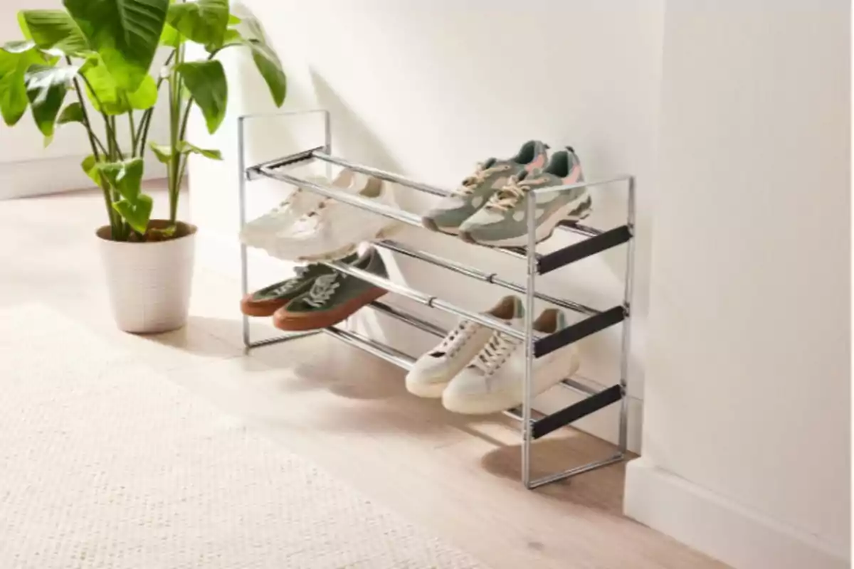 Un estante de metal para zapatos con varios pares de zapatillas junto a una planta en maceta sobre un suelo de madera clara. Un estante de metal para zapatos con varios pares de zapatillas junto a una planta en maceta sobre un suelo de madera clara.
