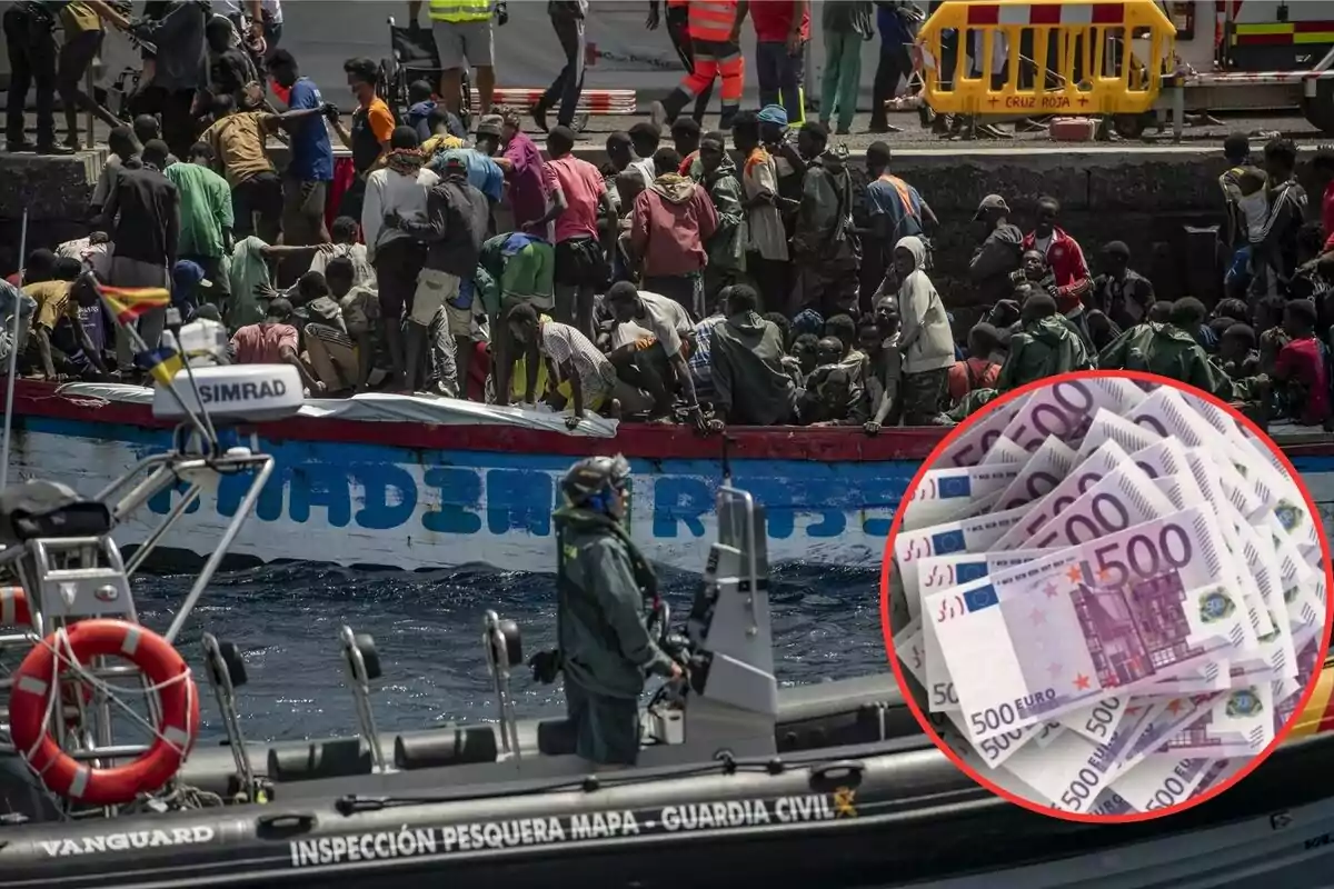 Un grupo de personas en un barco de pesca es asistido por la Guardia Civil, mientras en la esquina inferior derecha se muestra un círculo con billetes de 500 euros.