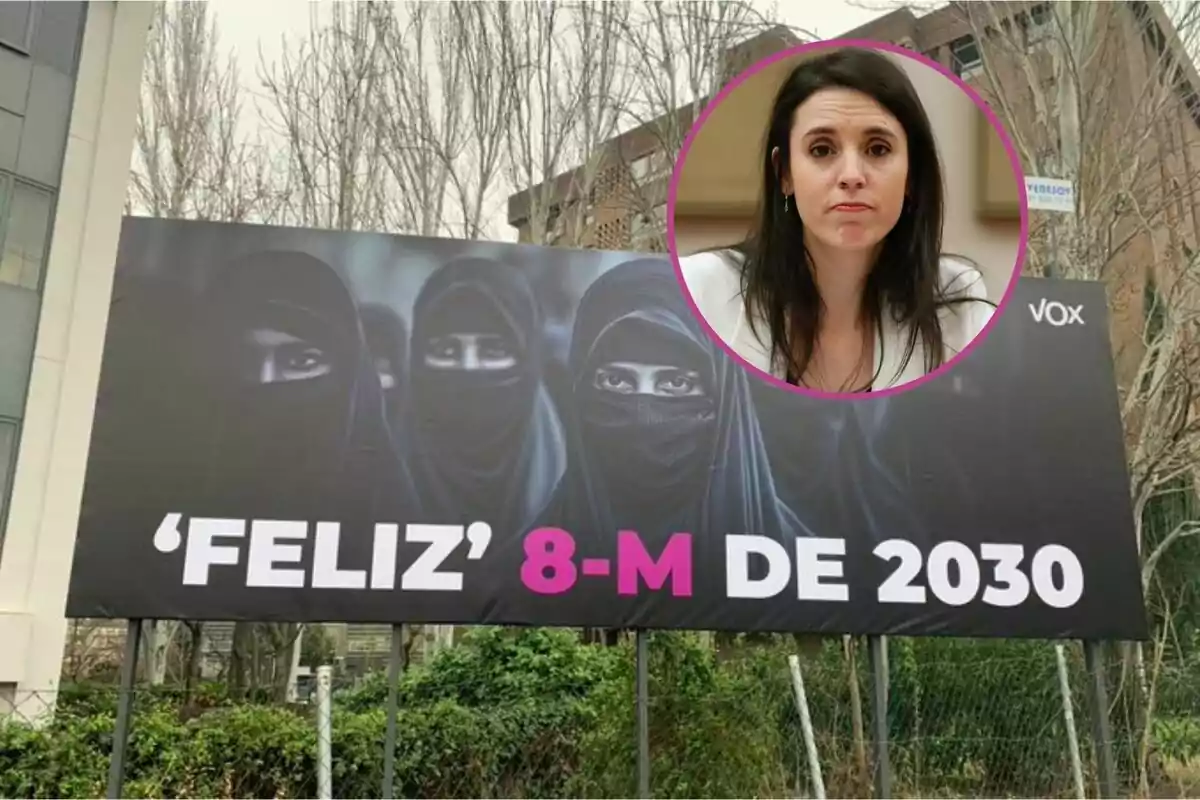 Un cartel de Vox muestra a mujeres con velo negro y el texto "Feliz 8-M de 2030", con un círculo que contiene la imagen de una mujer.