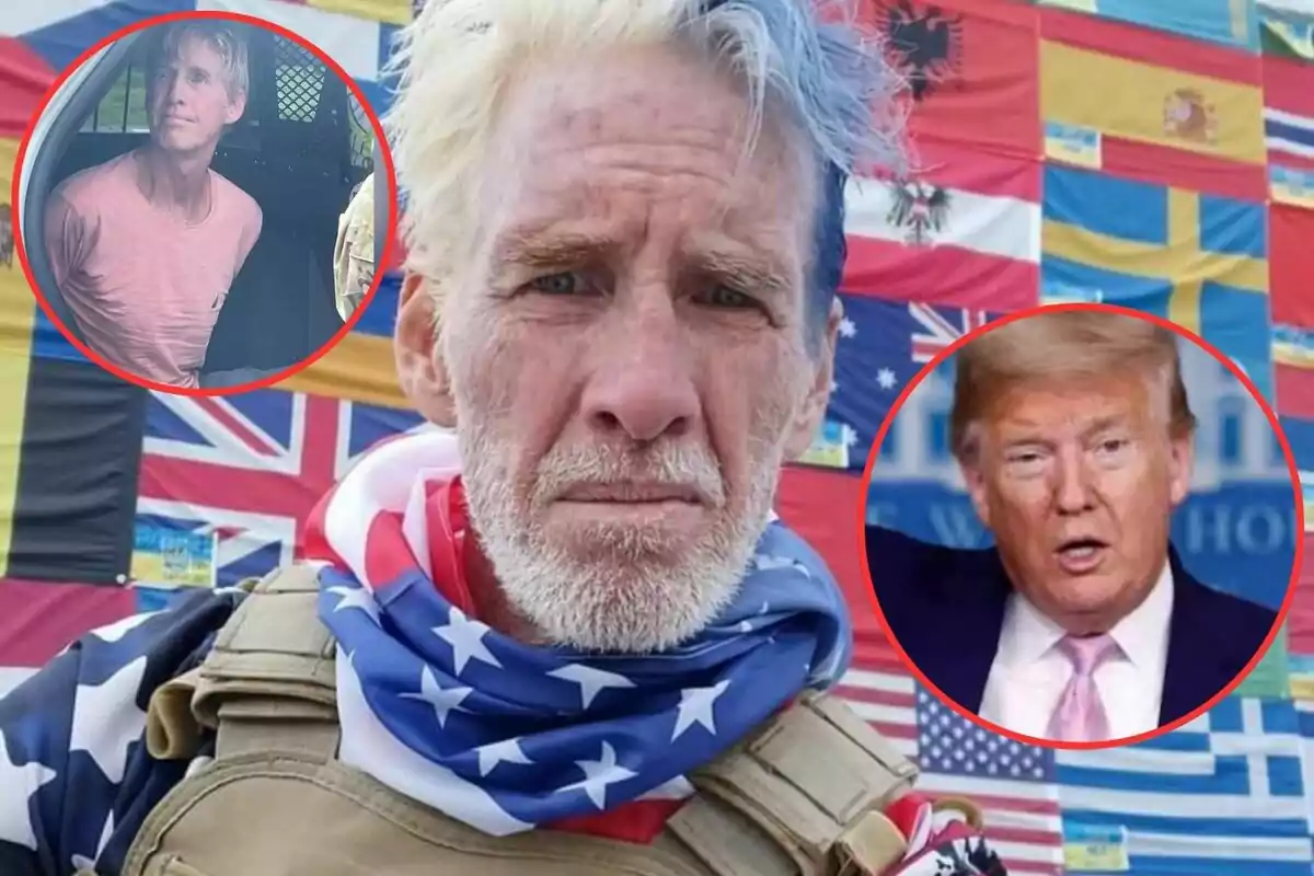 Un hombre con cabello rubio y barba blanca, vestido con una bufanda con la bandera de Estados Unidos y un chaleco, está frente a un fondo de banderas de varios países. En la esquina superior izquierda hay una imagen circular de un hombre con una camiseta rosa dentro de un vehículo, y en la esquina inferior derecha hay una imagen circular de un hombre hablando.