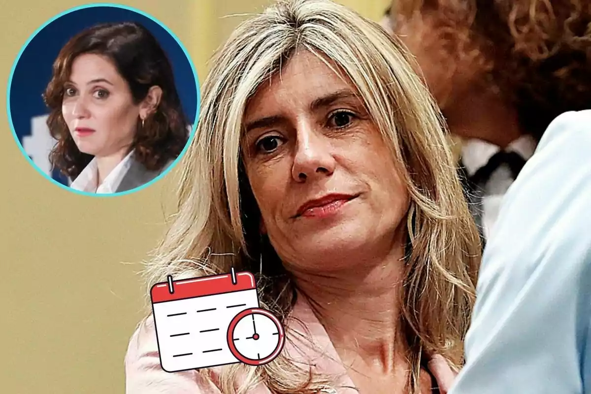 Una mujer rubia en primer plano con una expresión seria y un recuadro circular en la esquina superior izquierda mostrando a otra mujer de cabello oscuro, junto a un icono de calendario y reloj.