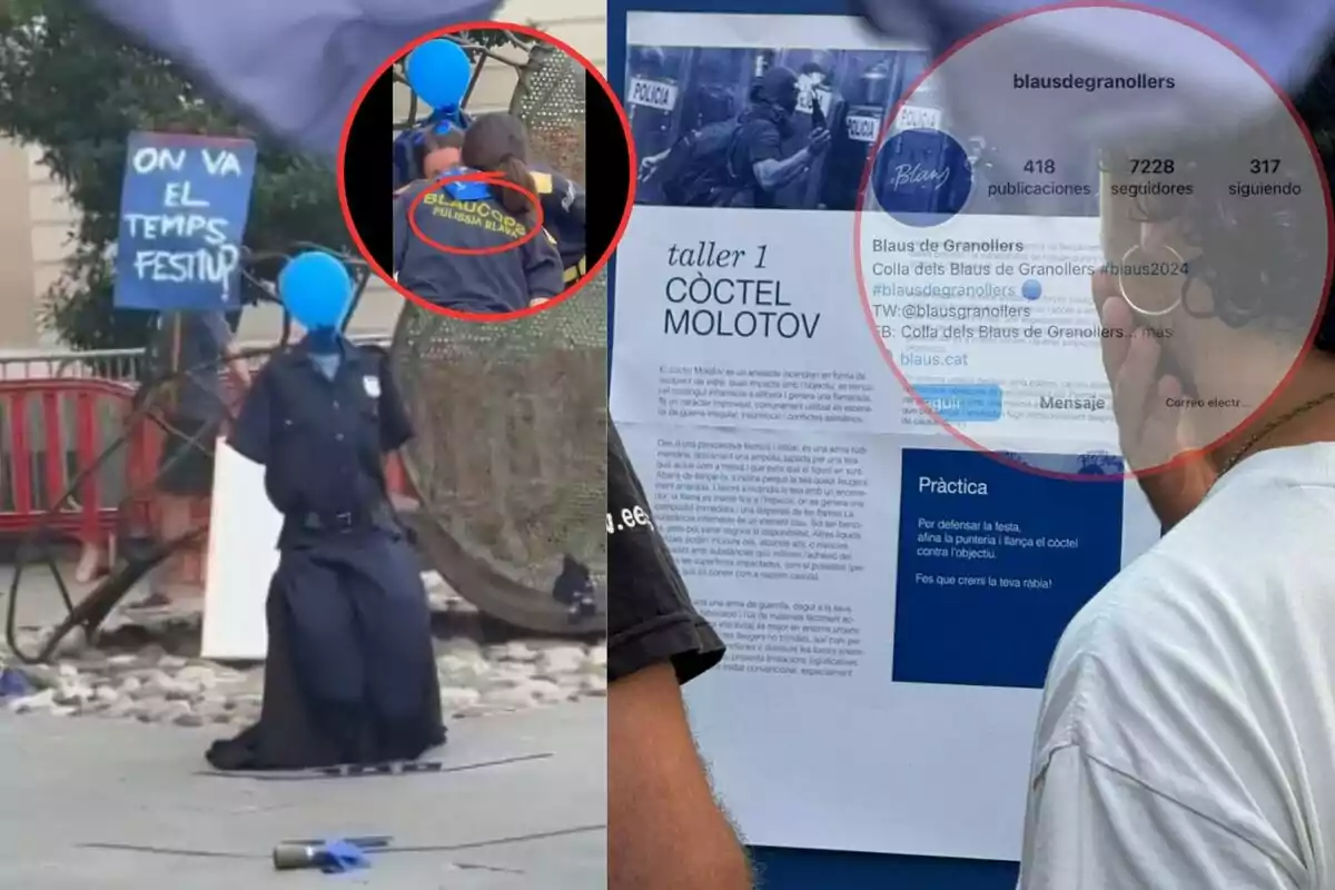 La imagen muestra un maniquí vestido de policía con un globo azul en la cabeza y un cartel que dice "ON VA EL TEMPS FESTIU". En la parte superior derecha, hay un recuadro que muestra a una persona con una chaqueta que tiene la inscripción "BLUESCORE POLISSA BLAUS". A la derecha, se ve un cartel que anuncia un "taller 1 CÓCTEL MOLOTOV" organizado por "Blaus de Granollers", con detalles sobre el evento y las redes sociales del grupo.