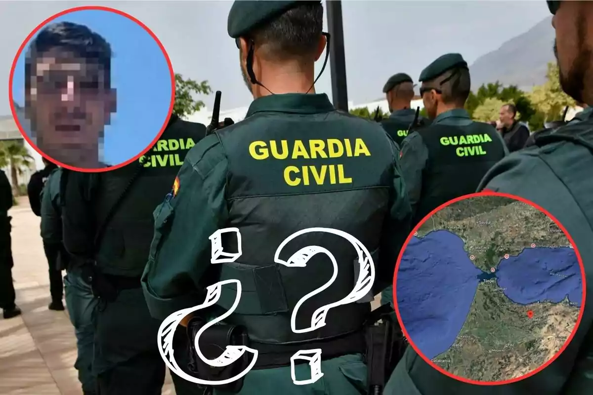 La imagen muestra a varios agentes de la Guardia Civil de espaldas, con un círculo rojo que contiene una cara pixelada en la parte superior izquierda y otro círculo rojo con un mapa en la parte inferior derecha, además de dos signos de interrogación en el centro.