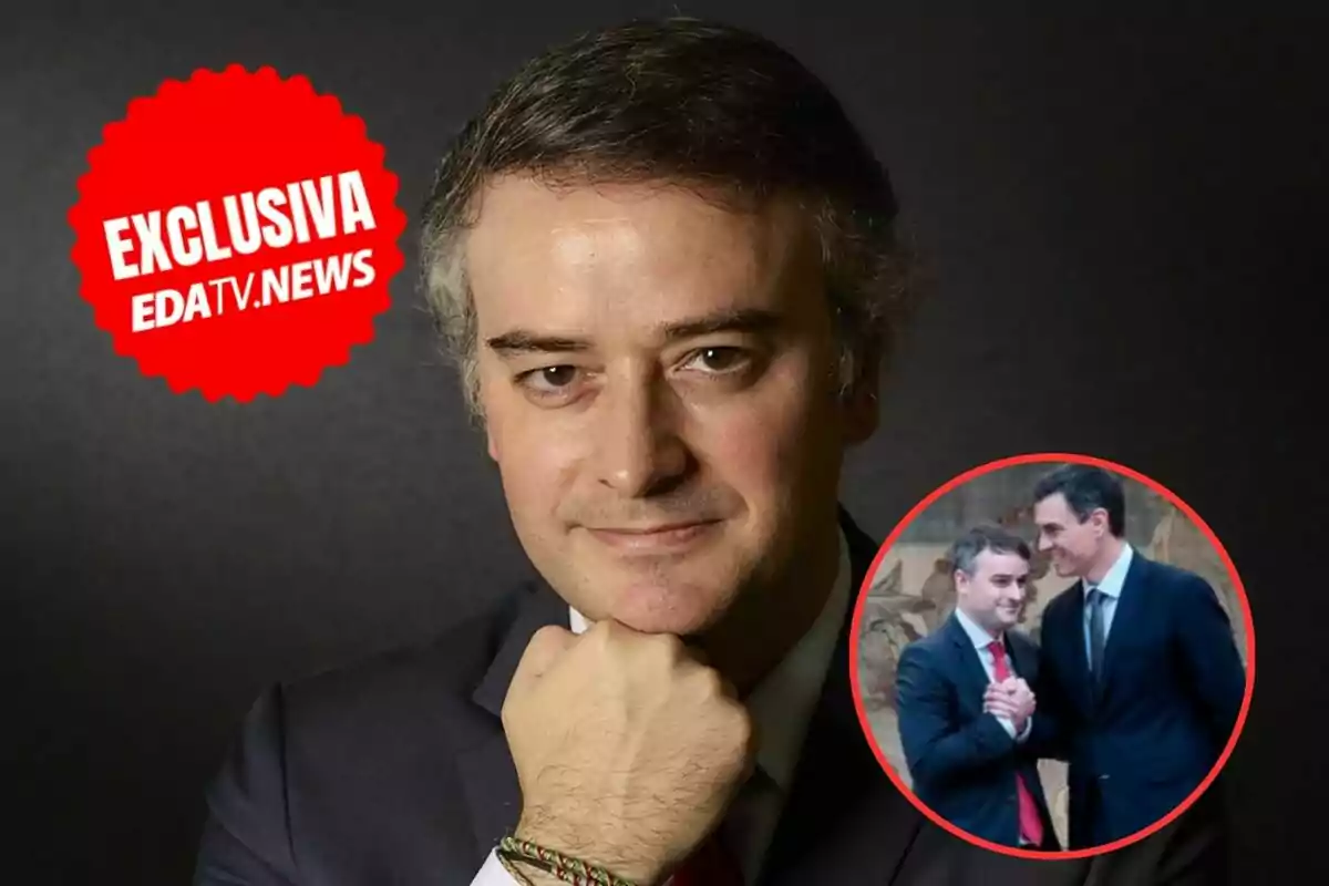 Un hombre con traje posa con la mano en el mentón sobre un fondo oscuro. Hay un sello rojo que dice "EXCLUSIVA EDATV.NEWS" y un círculo rojo con una imagen de dos personas conversando.