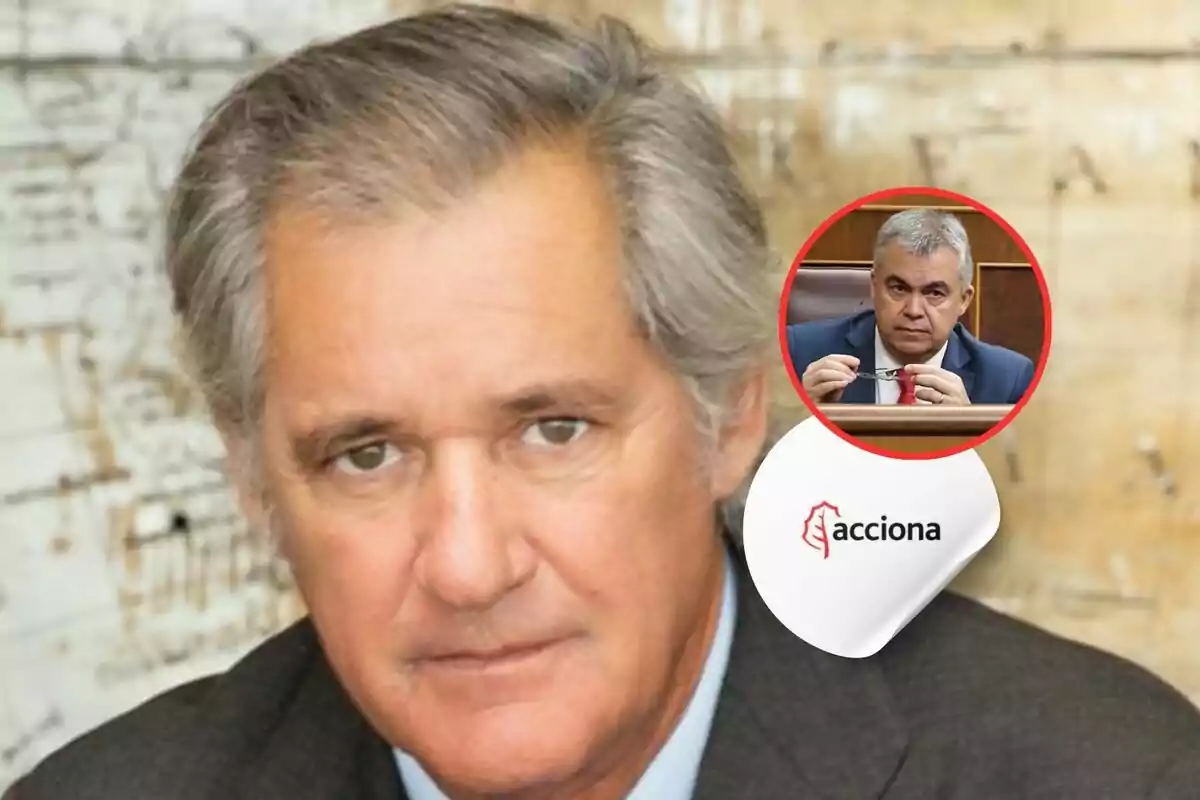 Hombre de cabello canoso en primer plano con un recuadro que muestra a otro hombre de cabello gris en un entorno formal y el logo de Acciona en la esquina