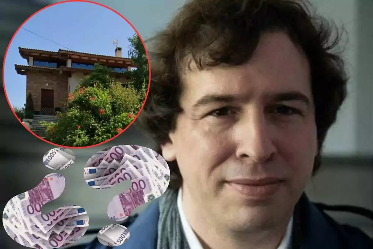 Un hombre con cabello oscuro aparece en primer plano, mientras que en la esquina superior izquierda se muestra una casa rodeada de vegetación dentro de un círculo rojo y en la parte inferior hay signos de interrogación formados por billetes de 500 euros.