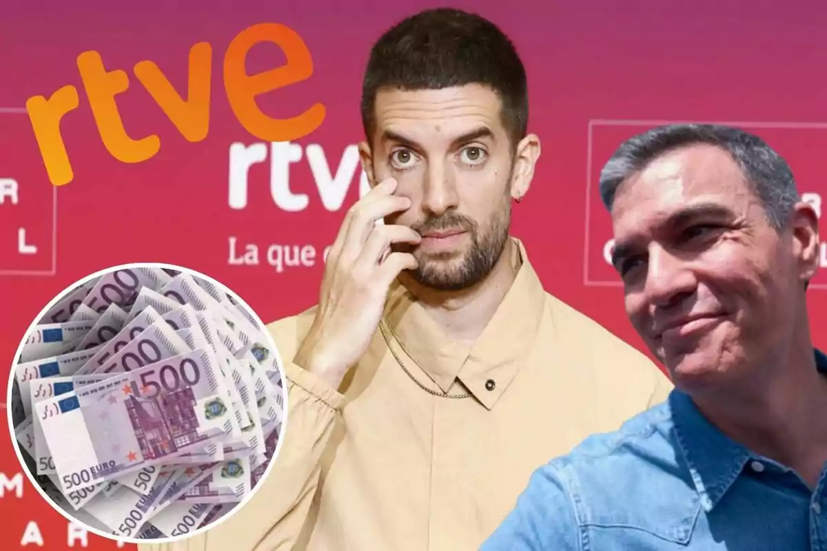 Dos hombres posan frente a un fondo rojo con el logo de RTVE, uno de ellos se toca la cara mientras el otro sonríe; en la esquina inferior izquierda hay una imagen de billetes de 500 euros.