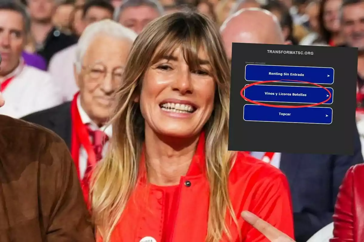 Una mujer sonriente con una chaqueta roja en un evento, con un recuadro superpuesto que muestra opciones de menú de una página web.