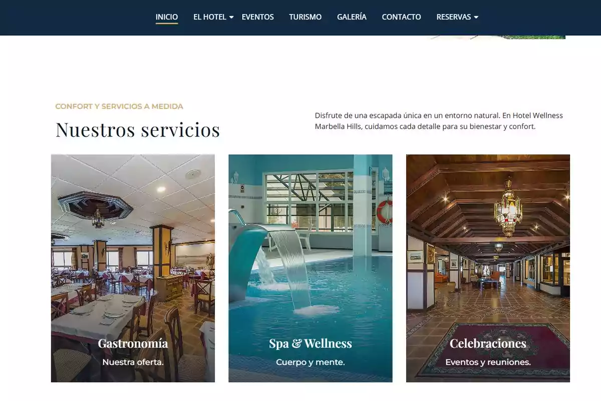 Imagen de la página web de un hotel que muestra tres servicios: gastronomía, spa y wellness, y celebraciones, con fotos representativas de cada uno. Imagen de la página web de un hotel que muestra tres servicios: gastronomía, spa y wellness, y celebraciones, con fotos representativas de cada uno.