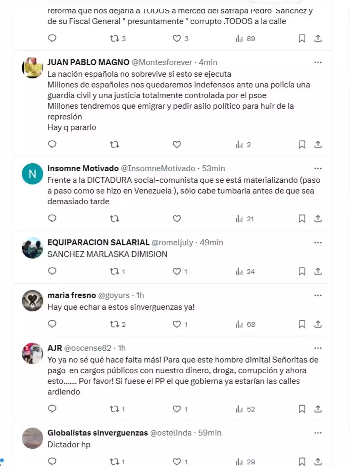 Captura de pantalla de una serie de tuits en los que varios usuarios expresan opiniones críticas y comentarios negativos sobre la situación política en España y el gobierno actual. Captura de pantalla de una serie de tuits en los que varios usuarios expresan opiniones críticas y comentarios negativos sobre la situación política en España y el gobierno actual.