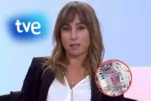 Mujer con expresión seria en un programa de televisión con el logo de TVE y un círculo que muestra billetes de 500 euros.