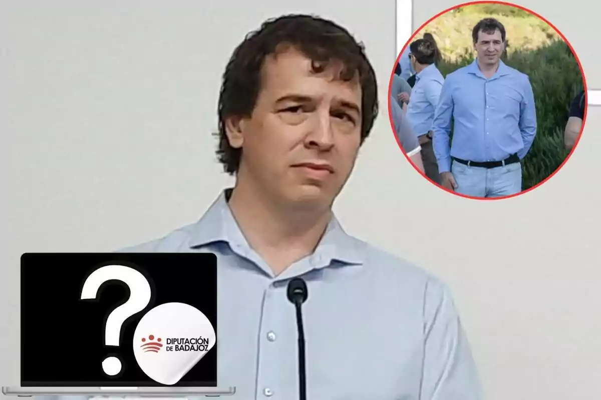 Un hombre con camisa azul claro está de pie frente a un micrófono, con una computadora portátil que muestra un signo de interrogación y el logotipo de la Diputación de Badajoz; en la esquina superior derecha hay una imagen circular del mismo hombre en un entorno al aire libre.