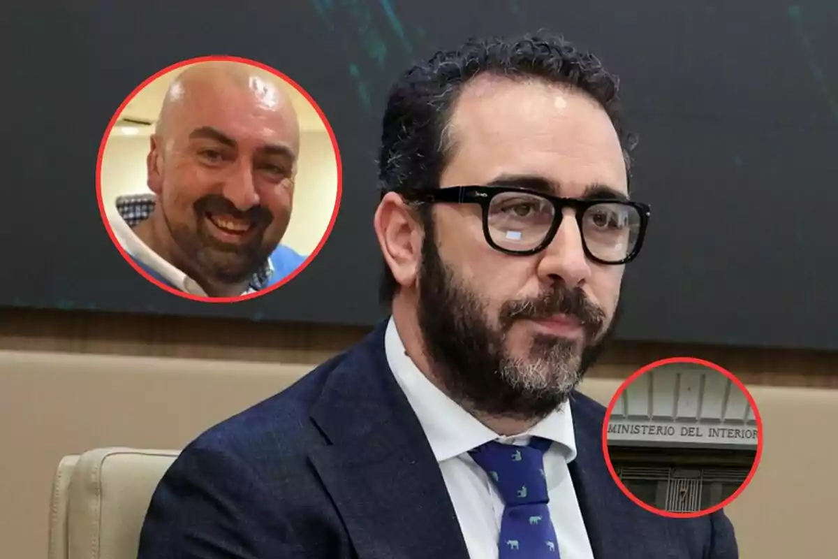 Un hombre con gafas y barba en un entorno profesional, con dos imágenes circulares superpuestas que muestran a otro hombre sonriendo y un edificio con el letrero "Ministerio del Interior".