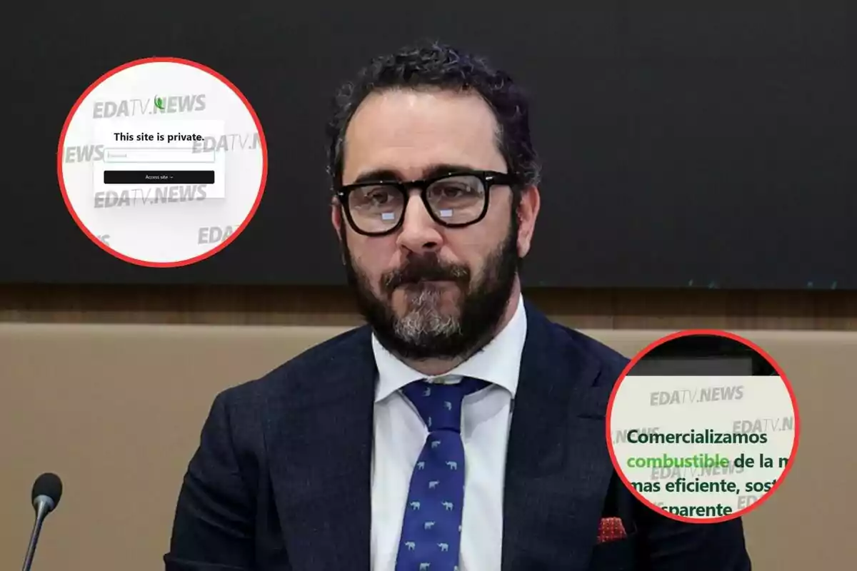 Un hombre con barba y gafas está sentado frente a un micrófono, con dos círculos rojos que muestran capturas de pantalla de un sitio web privado y un texto sobre comercialización de combustible.