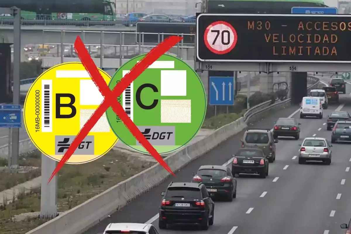 Imagen de una carretera con varios coches circulando y una señal de tráfico que indica una velocidad máxima de 70 km/h, junto a dos distintivos ambientales de la DGT, uno amarillo con la letra B y otro verde con la letra C, tachados con una cruz roja.