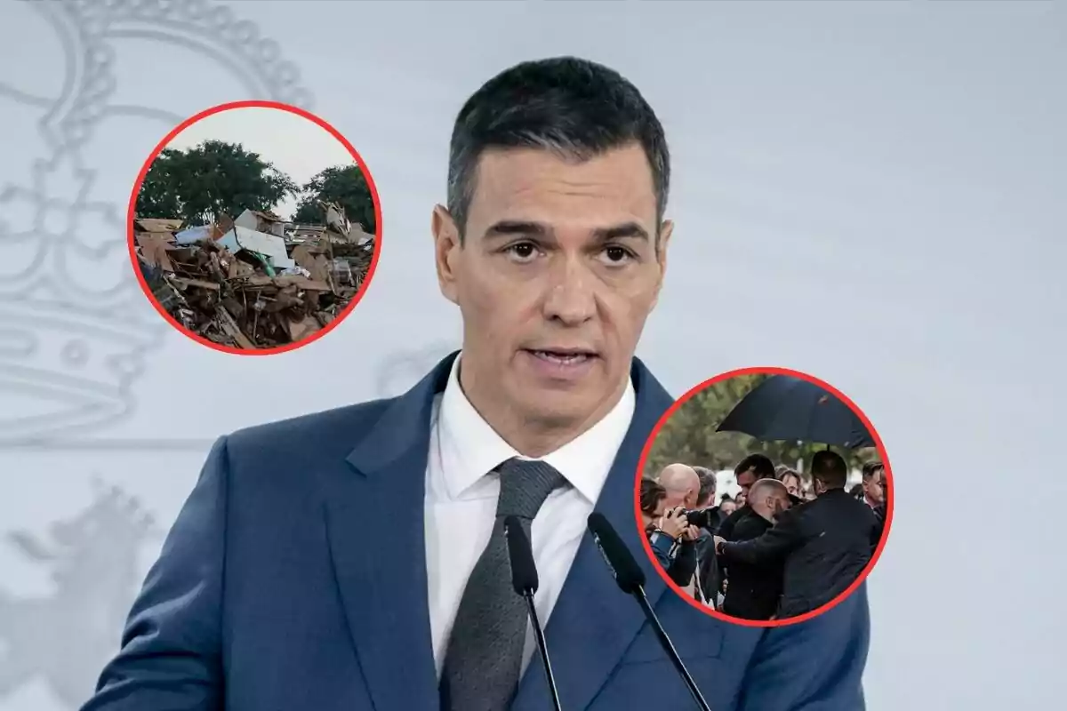 Un hombre en traje habla frente a micrófonos con dos imágenes circulares superpuestas que muestran escombros y una multitud bajo la lluvia.