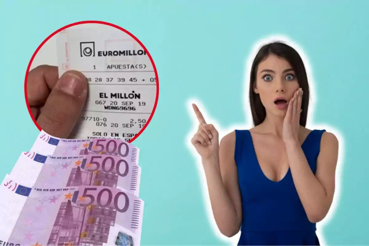 Una mujer sorprendida señala hacia un boleto de lotería de Euromillones y varios billetes de 500 euros.