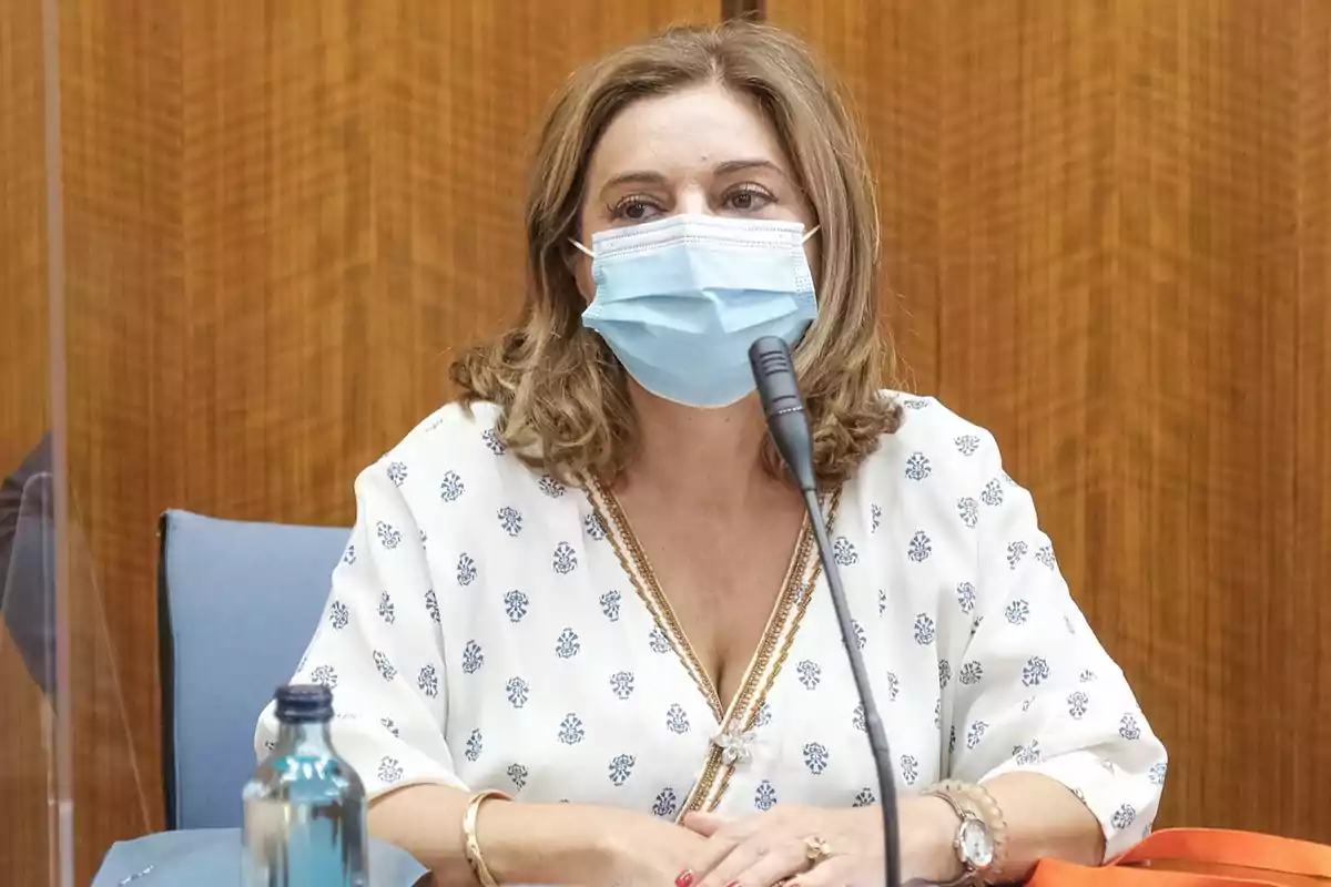 Mujer con mascarilla médica sentada frente a un micrófono en una sala con paredes de madera Mujer con mascarilla médica sentada frente a un micrófono en una sala con paredes de madera