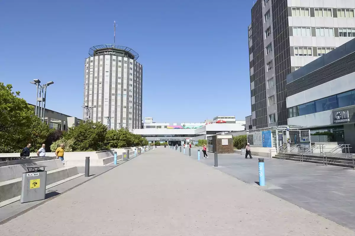 Una amplia avenida peatonal con edificios modernos a los lados y un cielo despejado. Una amplia avenida peatonal con edificios modernos a los lados y un cielo despejado.