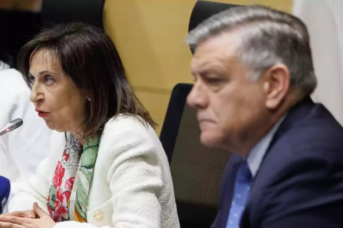 Dos personas sentadas en una mesa durante una conferencia o reunión, una de ellas hablando frente a un micrófono.