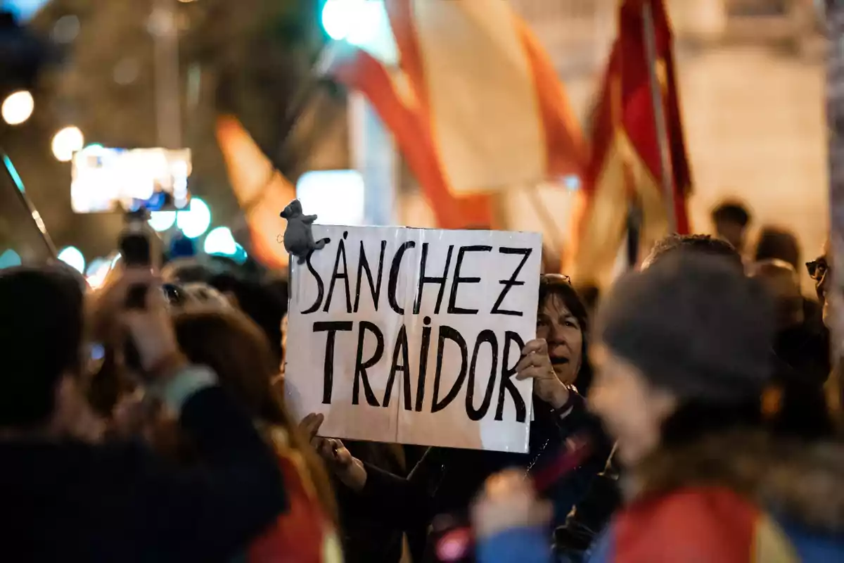 Una multitud sostiene pancartas y banderas en una manifestación nocturna.