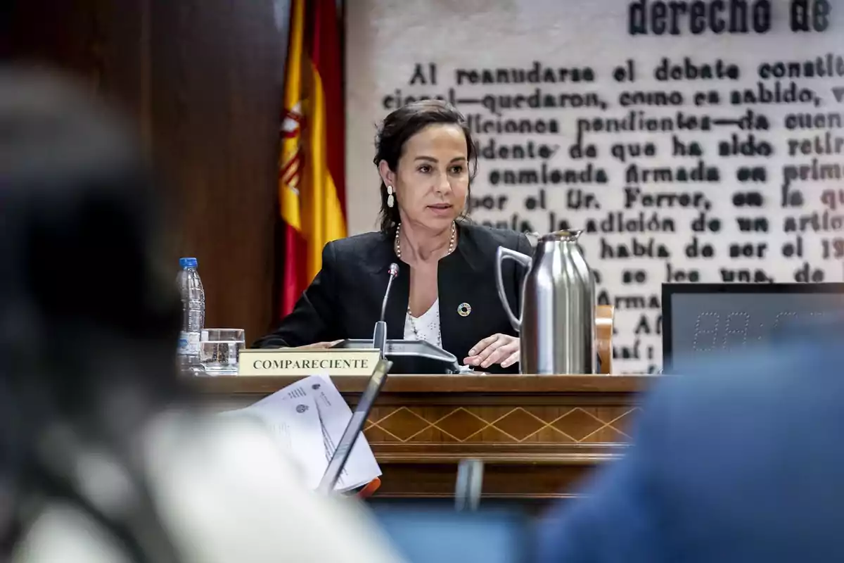 Mujer sentada en una mesa de comparecencia en un entorno institucional con una bandera de España al fondo y documentos sobre la mesa Mujer sentada en una mesa de comparecencia en un entorno institucional con una bandera de España al fondo y documentos sobre la mesa