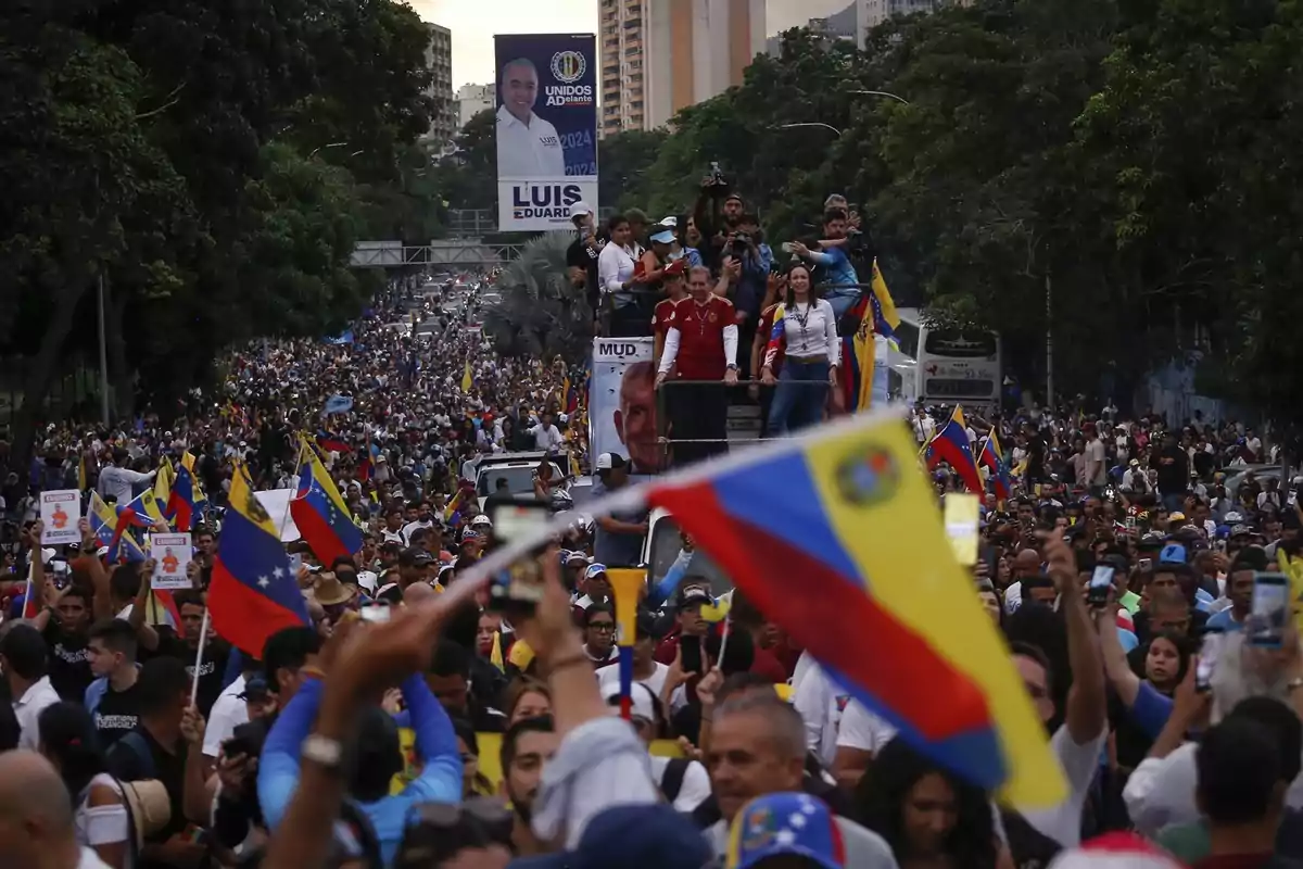 Una multitud de personas marchando con banderas y pancartas en una calle rodeada de árboles y edificios.