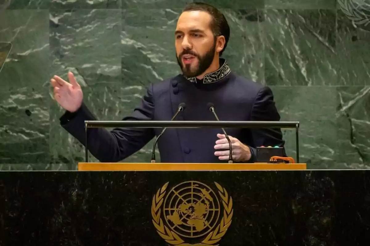 Un hombre hablando en un podio con el emblema de las Naciones Unidas.