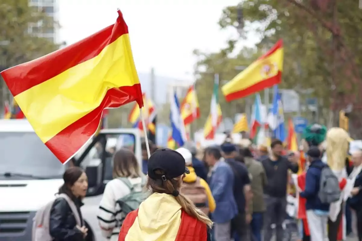 A crowd of people at a demonstration waving Spanish flags and other national flags in an urban setting.