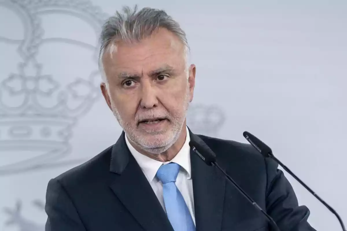 Un hombre de cabello canoso y barba corta hablando en un micrófono con fondo gris.