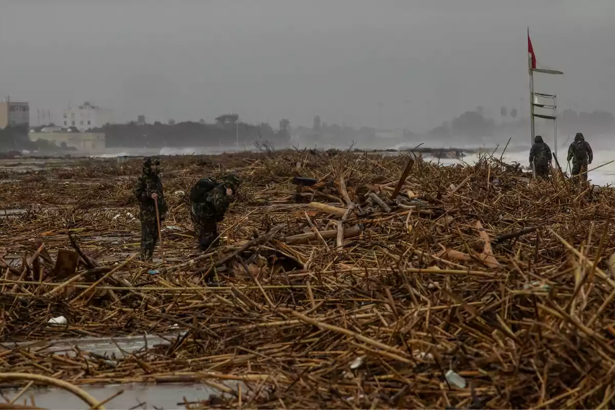 Soldados caminan entre escombros y restos de madera en una playa tras una tormenta.