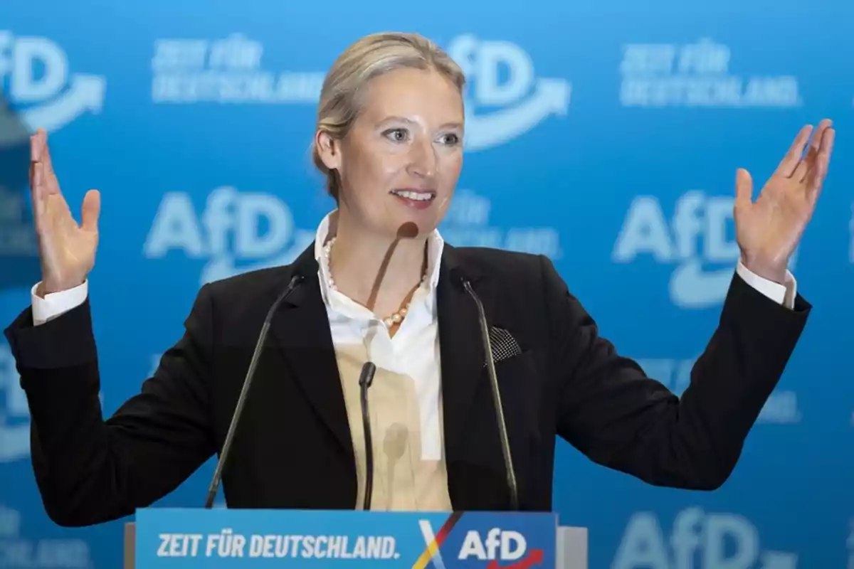 A person speaking at a podium with a blue background featuring the AfD logo.