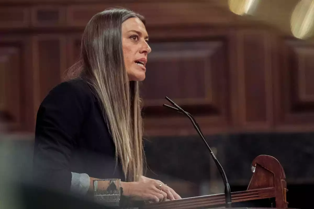 A person speaking at a podium with a microphone in a formal setting.