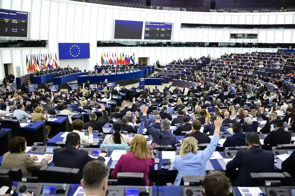 Personas reunidas en un gran hemiciclo votando con la mano levantada durante una sesión parlamentaria con banderas de países europeos y una bandera de la Unión Europea al fondo
