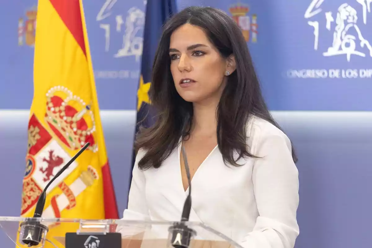 Una persona hablando en un podio con banderas de fondo.