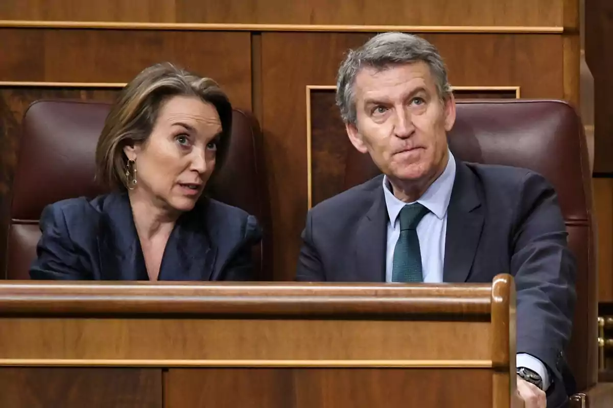 Dos personas sentadas en un entorno formal conversando atentamente. Dos personas sentadas en un entorno formal conversando atentamente.