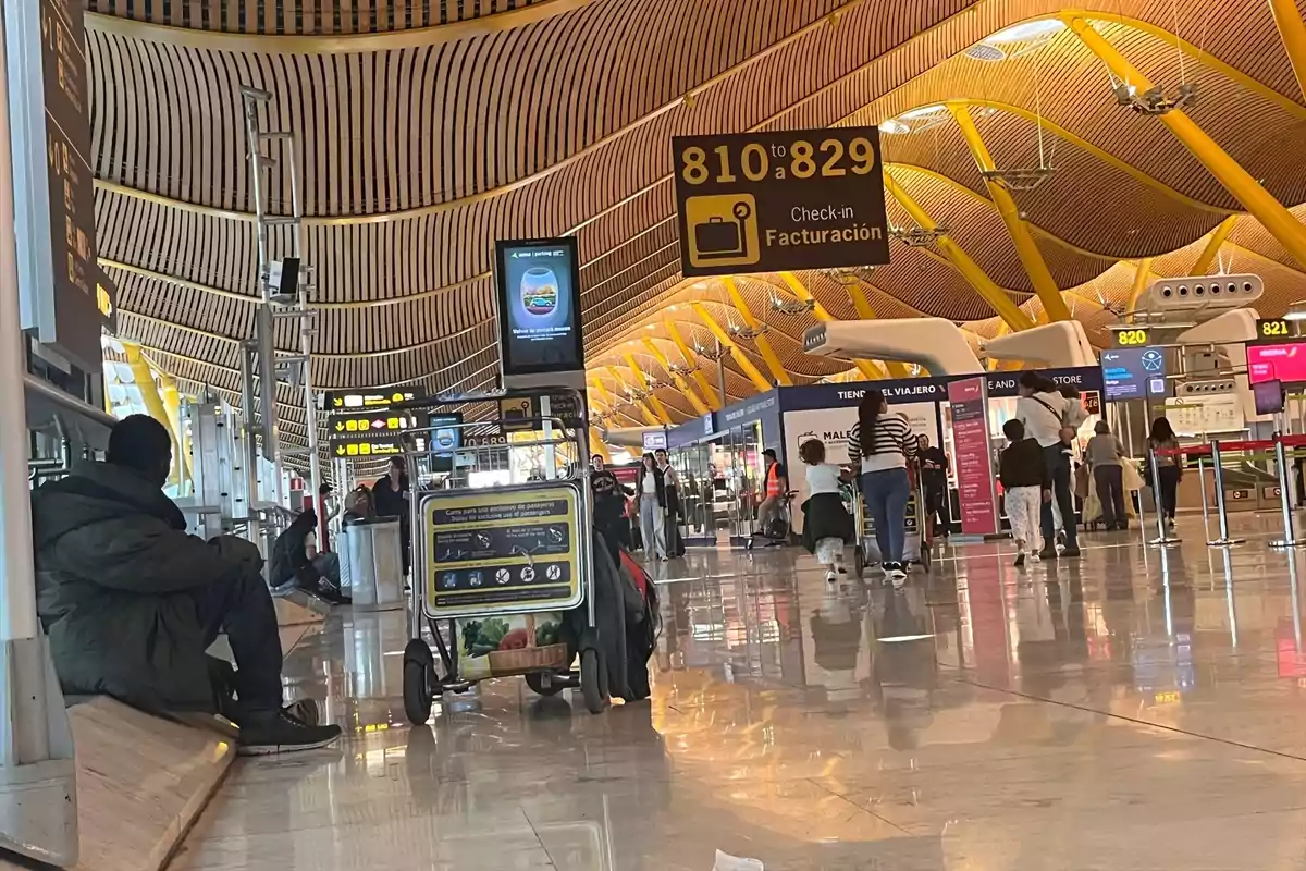 Personas caminando y esperando en un aeropuerto con techo de diseño moderno y señalización de facturación. Personas caminando y esperando en un aeropuerto con techo de diseño moderno y señalización de facturación.
